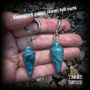 Featuring gorgeous one of a kind blue lace agate pendulums, these earrings weigh in at approx 11 grams a piece, and are nice and dangly at just on 7cms from tip to tip.  This pair has been made on 6 gauge (4mm) surgical steel full curl hooks, to be worn in stretched lobes.