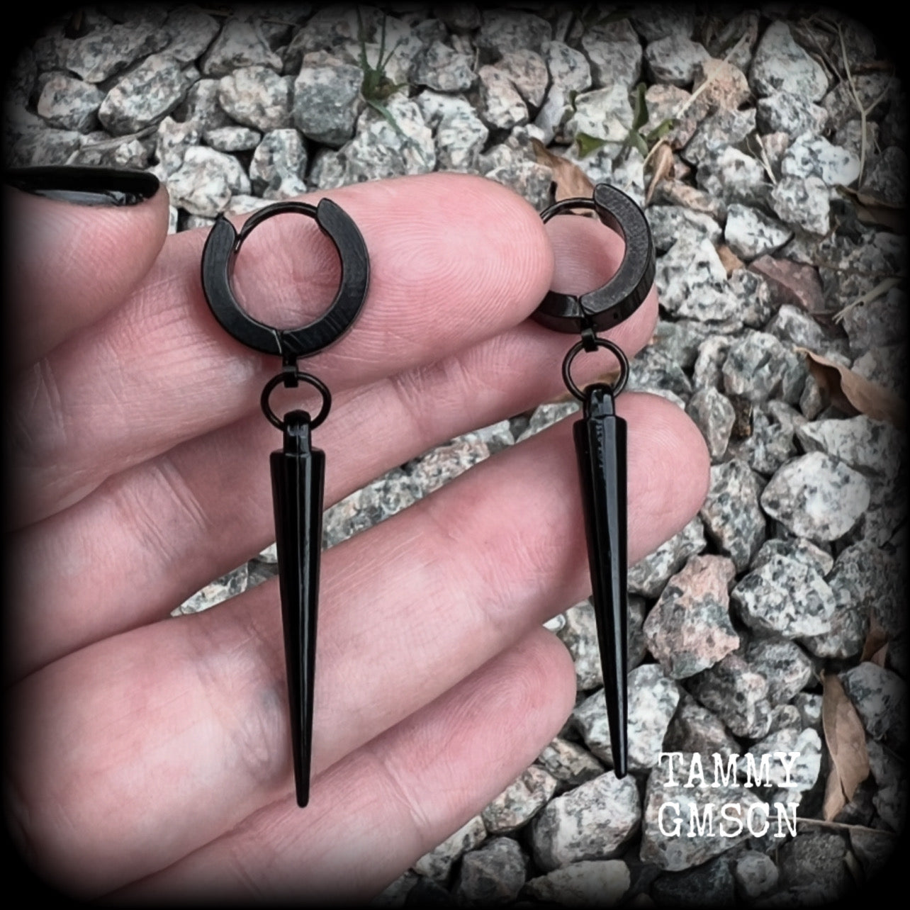 These awesome black acrylic spike earrings are nice and dangly, measuring just over 5 cms from tip to tip and weighing only a few grams each, super light weight.  This pair has been made with stainless steel huggies, to be worn in pierced ears.