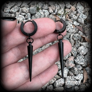 These awesome black acrylic spike earrings are nice and dangly, measuring just over 5 cms from tip to tip and weighing only a few grams each, super light weight.  This pair has been made with stainless steel huggies, to be worn in pierced ears.