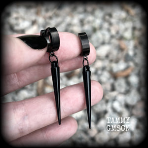 These awesome black acrylic spike earrings are nice and dangly, measuring just over 5 cms from tip to tip and weighing only a few grams each, super light weight.  This pair has been made with stainless steel huggies, to be worn in pierced ears.