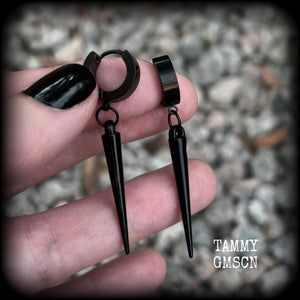 These awesome black acrylic spike earrings are nice and dangly, measuring just over 5 cms from tip to tip and weighing only a few grams each, super light weight.  This pair has been made with stainless steel huggies, to be worn in pierced ears.
