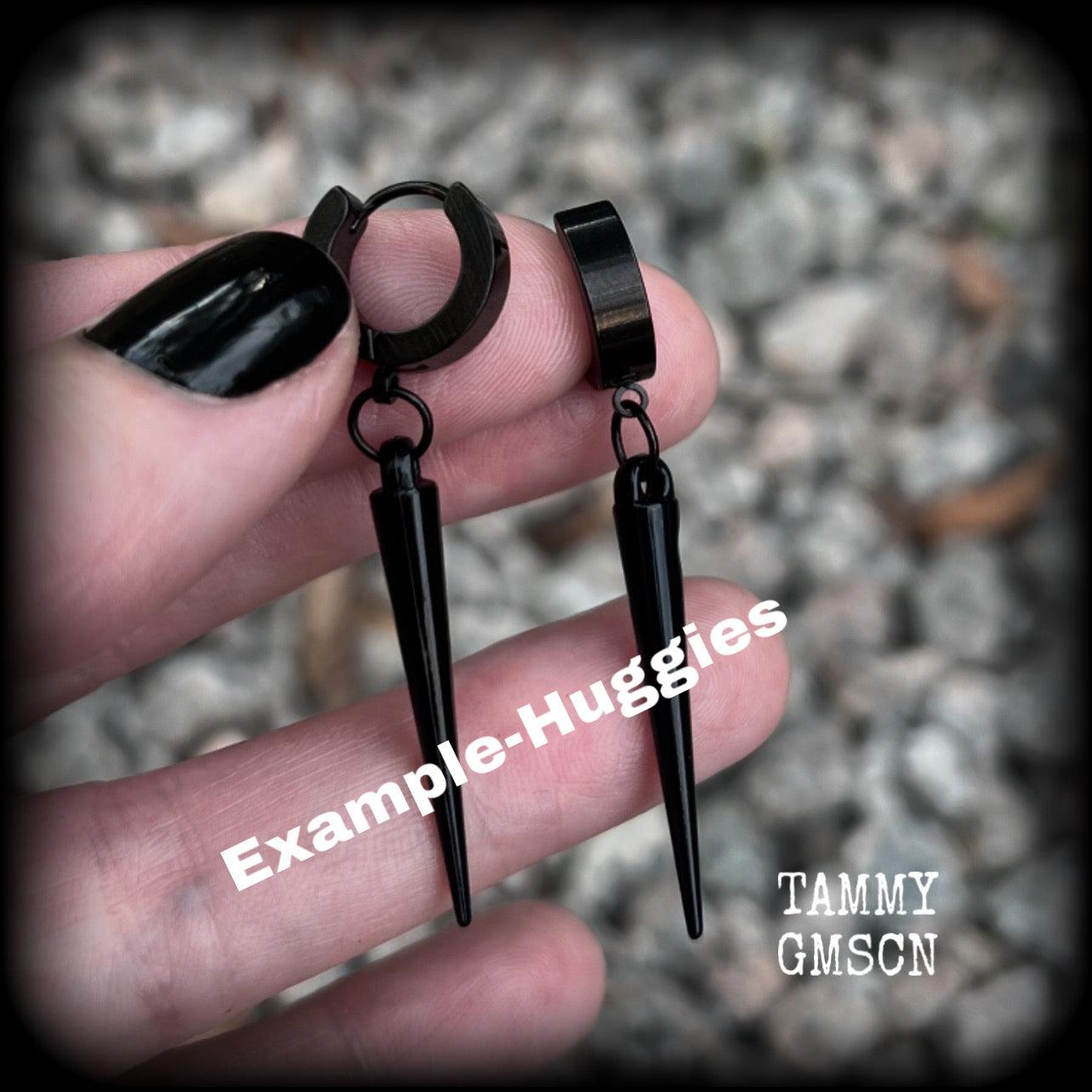 These awesome black acrylic spike earrings are nice and dangly, measuring just over 5 cms from tip to tip and weighing only a few grams each, super light weight.  This pair has been made with stainless steel huggies, to be worn in pierced ears.