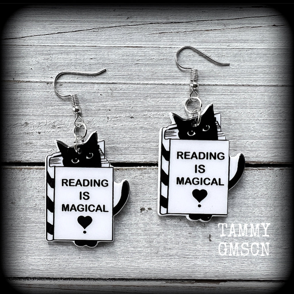 Book and black cat earrings 