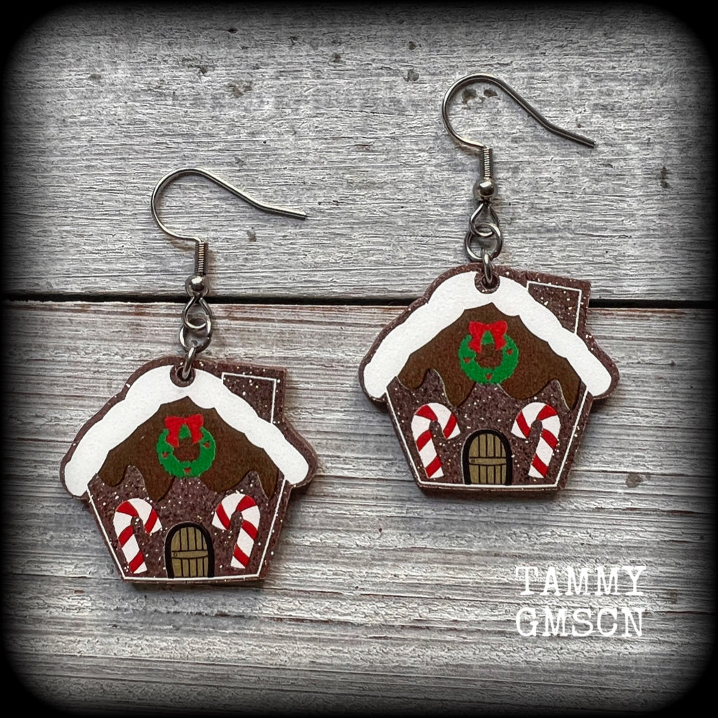 Yuletide earrings Christmas carols Gingerbread man Christmas earrings Ear gauges Ear hangers Cute earrings Gingerbread house earrings Body jewelry Christmas jewelry Xmas earrings Winter soltice Yuletide Stocking stuffers Secret santa Gifts for her