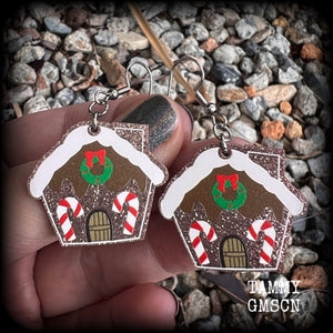 Yuletide earrings Christmas carols Gingerbread man Christmas earrings Ear gauges Ear hangers Cute earrings Gingerbread house earrings Body jewelry Christmas jewelry Xmas earrings Winter soltice Yuletide Stocking stuffers Secret santa Gifts for her