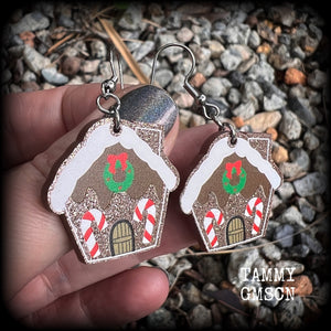 Yuletide earrings Christmas carols Gingerbread man Christmas earrings Ear gauges Ear hangers Cute earrings Gingerbread house earrings Body jewelry Christmas jewelry Xmas earrings Winter soltice Yuletide Stocking stuffers Secret santa Gifts for her