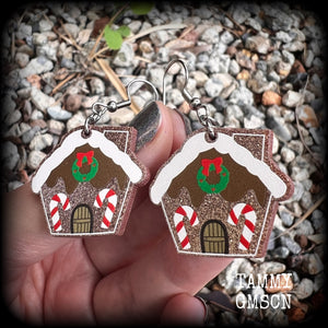 Yuletide earrings Christmas carols Gingerbread man Christmas earrings Ear gauges Ear hangers Cute earrings Gingerbread house earrings Body jewelry Christmas jewelry Xmas earrings Winter soltice Yuletide Stocking stuffers Secret santa Gifts for her