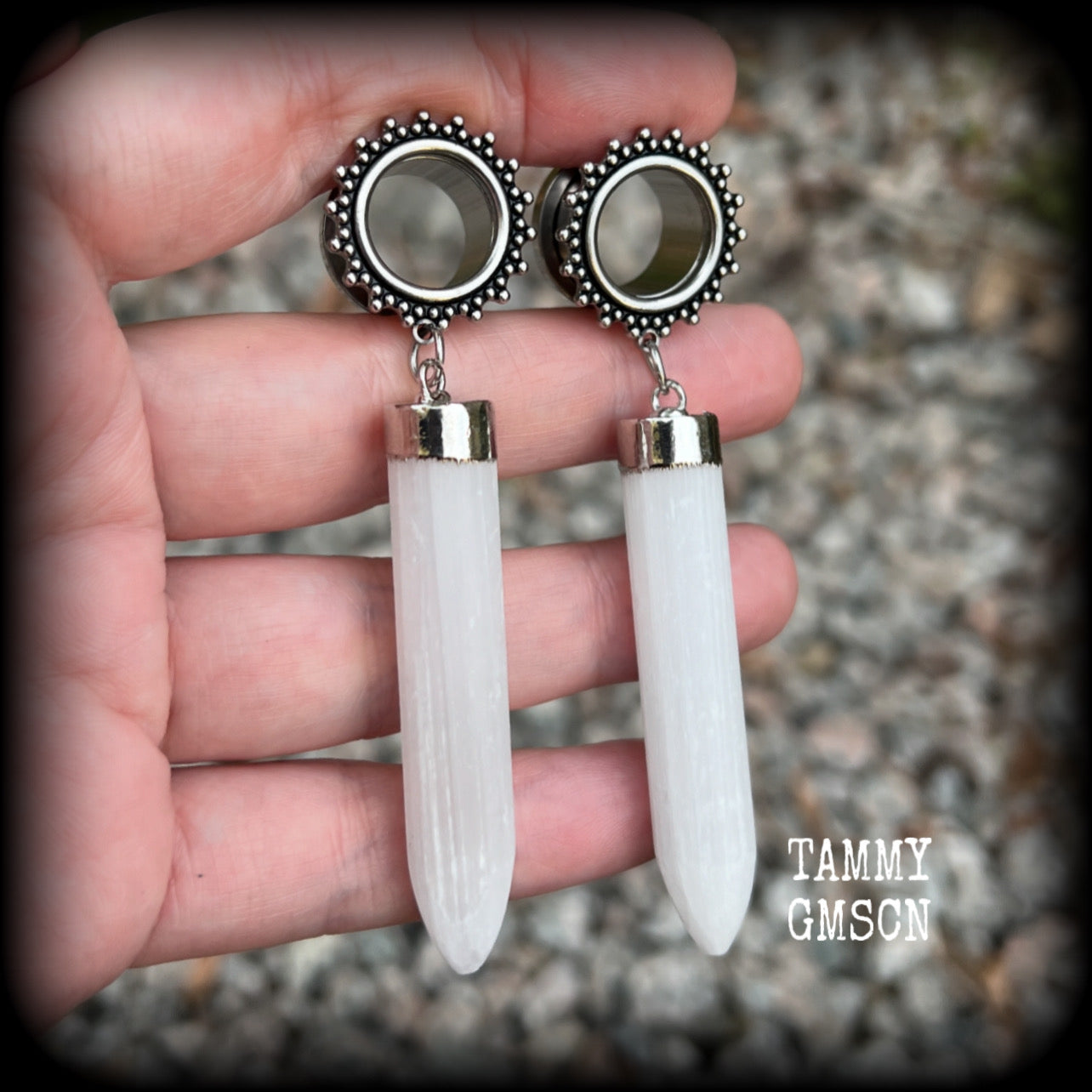 These unique earrings have been made with beautiful rustic Selenite points, weighing approx 15grams each and measuring approx 8.5cms from tip to tip.  This pair has been made with 9/16" (14mm) gauge ornate surgical steel screw fit tunnels.