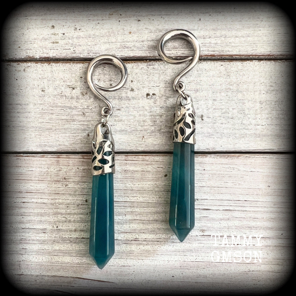 Featuring gorgeous dusty blue agate points, these earrings weigh in at approx 13 grams a piece, and are nice and dangly at just over 9cms from tip to tip.  This pair has been made on 6 gauge (4mm) surgical steel full curl hooks, to be worn in stretched lobes.