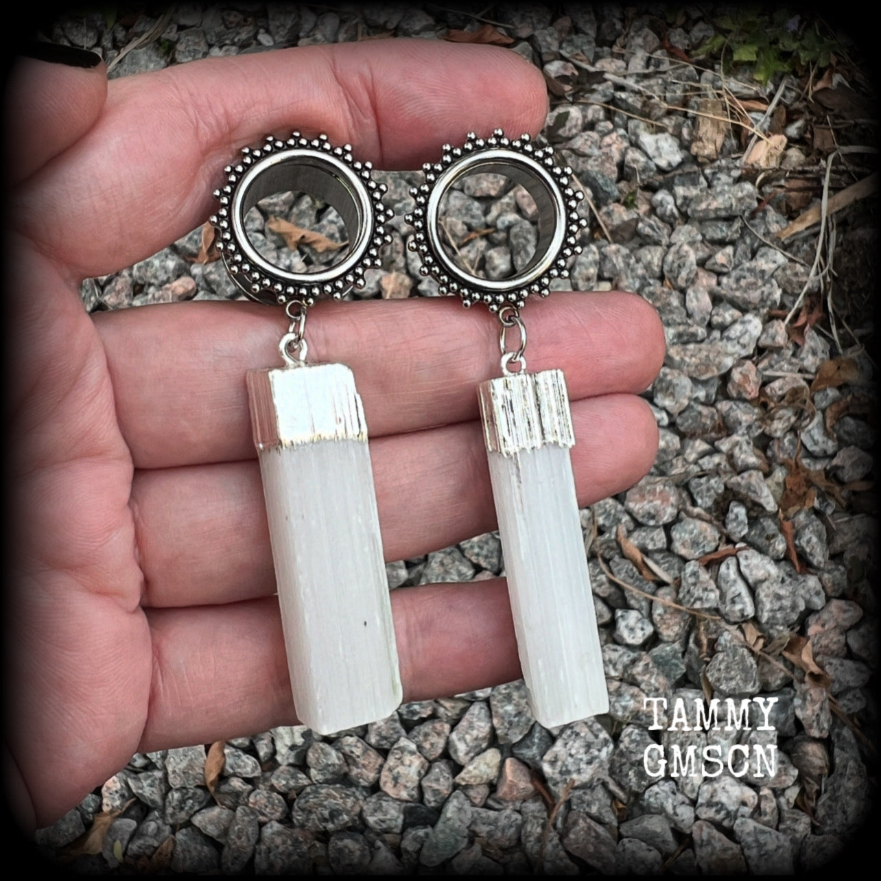 These unique earrings have been made with beautiful rustic Selenite pieces, weighing approx 15grams each and measure just over 7cms from tip to tip.  This pair has been made with 5/8" (16mm) gauge ornate surgical steel screw fit tunnels.