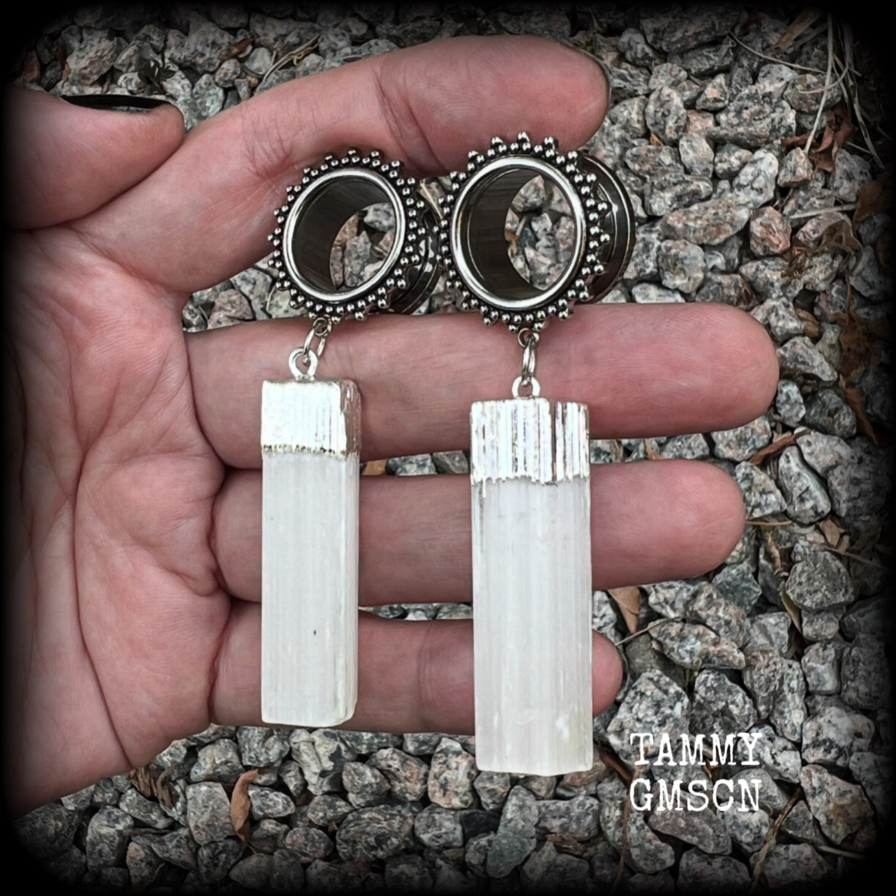 These unique earrings have been made with beautiful rustic Selenite pieces, weighing approx 15grams each and measure just over 7cms from tip to tip.  This pair has been made with 5/8" (16mm) gauge ornate surgical steel screw fit tunnels.