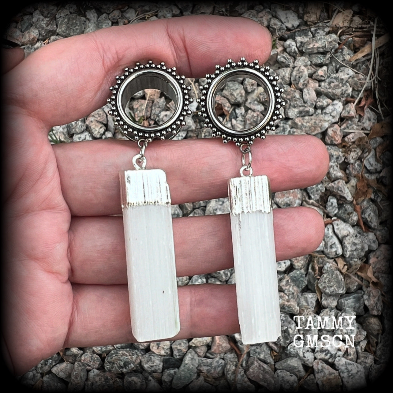 These unique earrings have been made with beautiful rustic Selenite pieces, weighing approx 15grams each and measure just over 7cms from tip to tip.  This pair has been made with 5/8" (16mm) gauge ornate surgical steel screw fit tunnels.