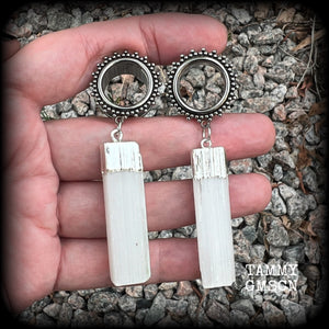 These unique earrings have been made with beautiful rustic Selenite pieces, weighing approx 15grams each and measure just over 7cms from tip to tip.  This pair has been made with 5/8" (16mm) gauge ornate surgical steel screw fit tunnels.