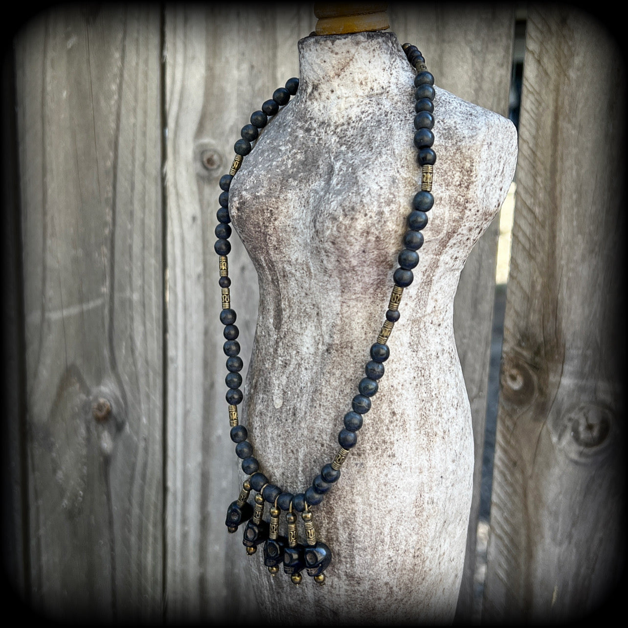 Ogoun necklace-Black stone skull tribal necklace