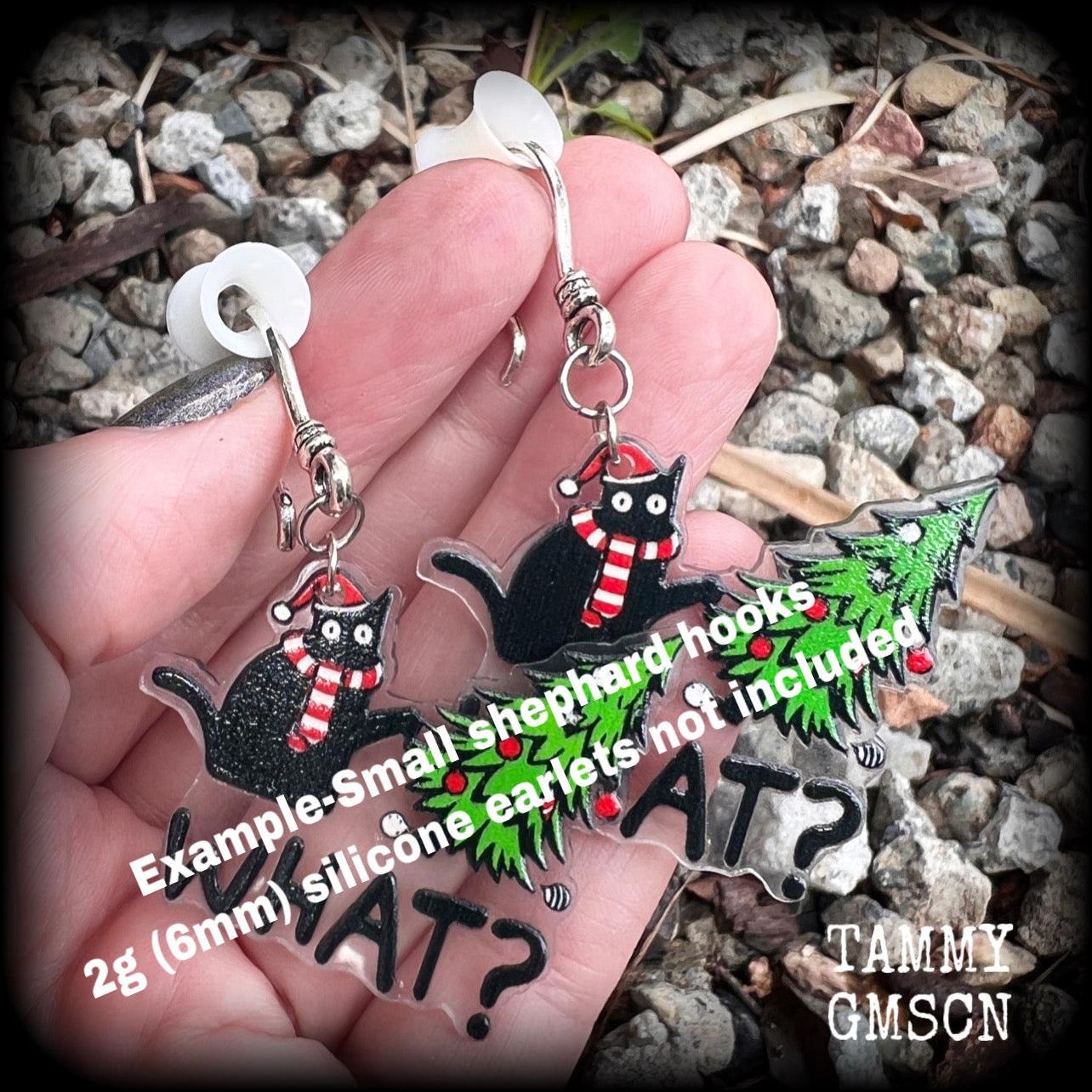 Christmas earrings tree Tunnel dangles Gothic Christmas earrings Black cat earrings Stocking stuffers Spooky cute Crazy cat lady earrings Tunnel earrings Festive season Yule Summer solstice jewelry Yuletide earrings Stretched ears Ear gauges Plugs