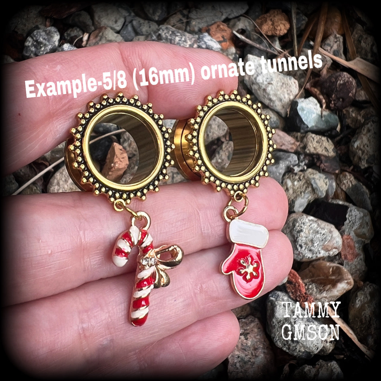 Candy cane tunnel earrings Christmas mittens Winter solstice Yuletide Christmas tunnel dangles Ear gauges Stretched ears Gauged ears Christmas tunnels Christmas decorations Stretched lobes Body jewelry Gauges 6mm 8mm 10mm 14mm 16mm 19mm 22mm 25mm