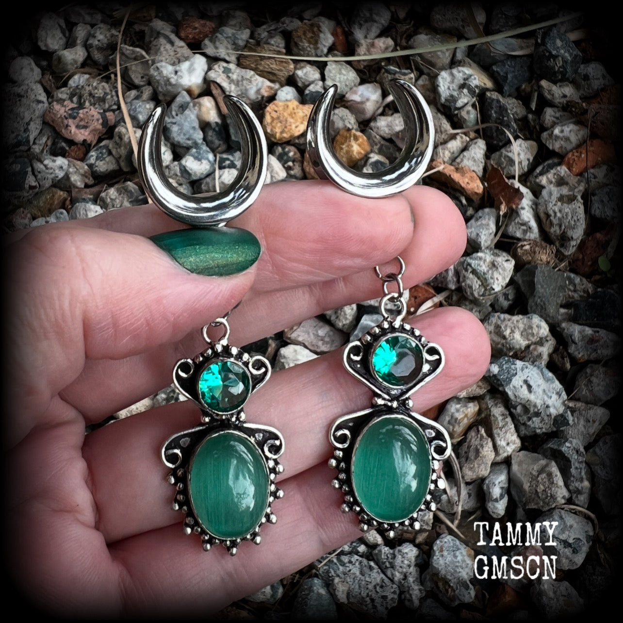 This pair of earrings features gorgeous green topaz and cats eye gemstones in a beautiful boho antique silver setting, weighing approx 10 grams a piece and measuring just over 7cms from tip to tip.  This pair have been made on 5/8” gauge (16mm) surgical steel cradles, to be worn in stretched lobes.