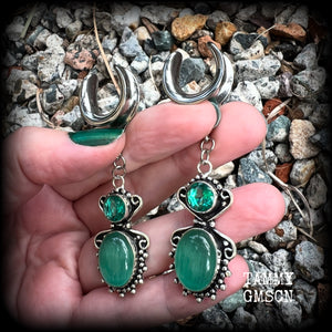 This pair of earrings features gorgeous green topaz and cats eye gemstones in a beautiful boho antique silver setting, weighing approx 10 grams a piece and measuring just over 7cms from tip to tip.  This pair have been made on 5/8” gauge (16mm) surgical steel cradles, to be worn in stretched lobes.
