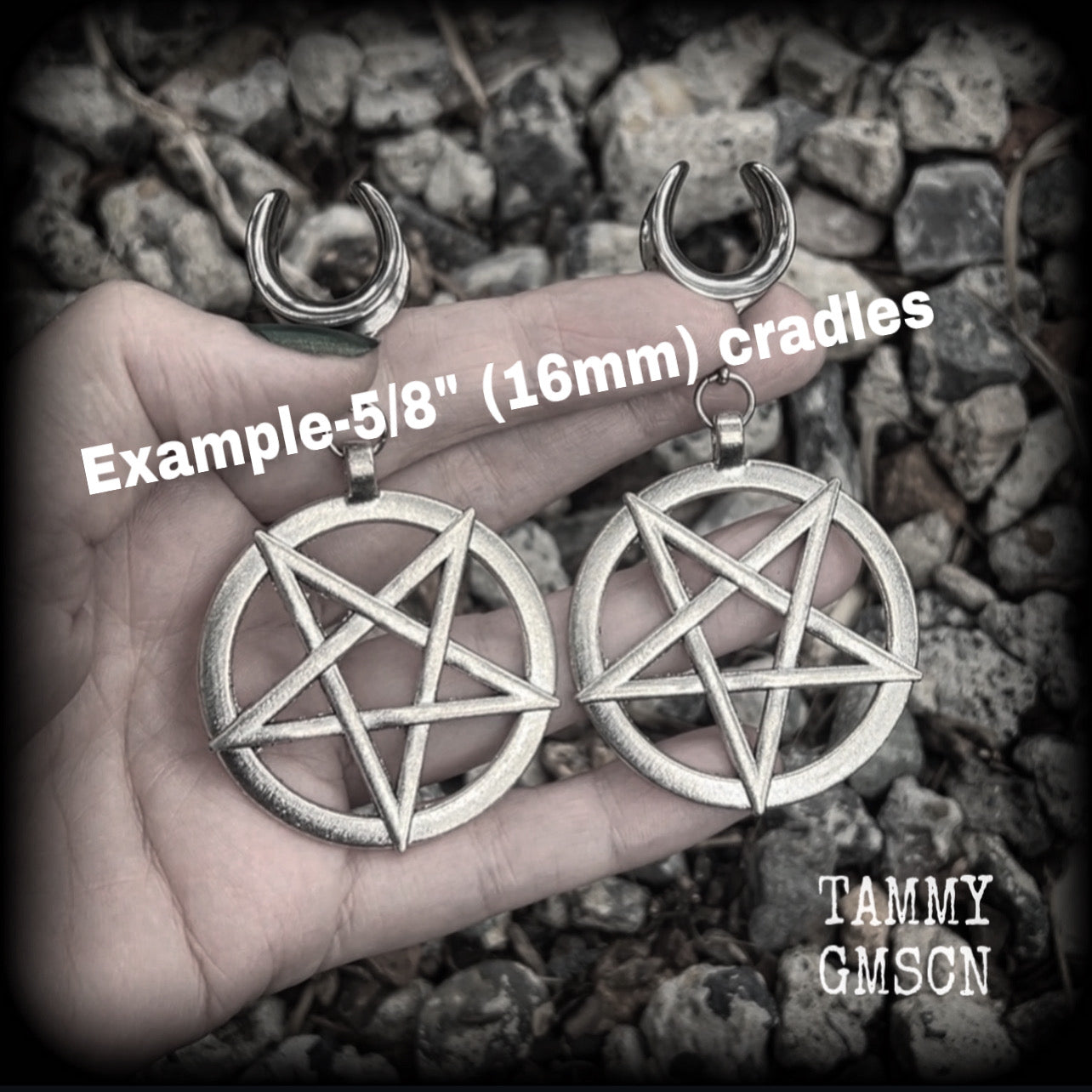 These beautiful big antique silver inverted pentagram gauged earrings measure just on 9cms from tip to tip, and weigh approx 25 grams each.  This pair have been made on 5/8” gauge (16mm) surgical steel cradles, suitable for stretched lobes.