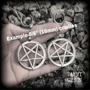 These beautiful big antique silver inverted pentagram gauged earrings measure just on 9cms from tip to tip, and weigh approx 25 grams each.  This pair have been made on 5/8” gauge (16mm) surgical steel cradles, suitable for stretched lobes.