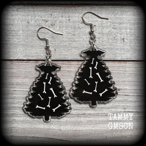 Christmas tree earrings Black bat earrings Bones earrings Halloween Gothic Christmas earrings Black Friday Krampus earrings Stocking stuffers Spooky cute Pastel goth Acrylic earrings Festive season Yule Summer solstice jewelry Yuletide earrings 