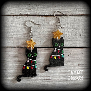 Christmas tree earrings Pet earrings Gothic Christmas earrings Black cat earrings Stocking stuffers Spooky cute Crazy cat lady earrings Acrylic earrings Festive season Yule Summer solstice jewelry Yuletide earrings Pierced ears Clip  Gifts for goths