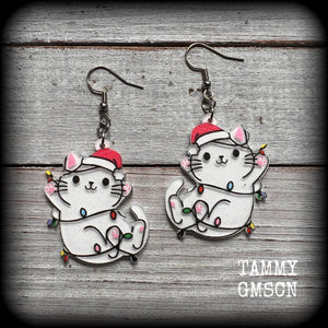 White cat christmas earrings-Yule earrings