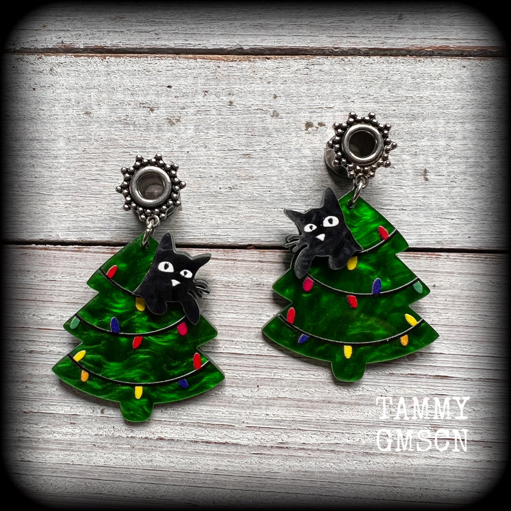 Black cat tunnels earrings Christmas tree tunnel dangles Plugs Ear gauges Stretched ears Gauged ears Christmas tunnels 2 gauge tunnels 6mm earrings Stretched lobes Body jewelry Ear gauges Winter Solstice Yuletide 8mm 10mm 14mm 16mm 19mm 22mm 25mm