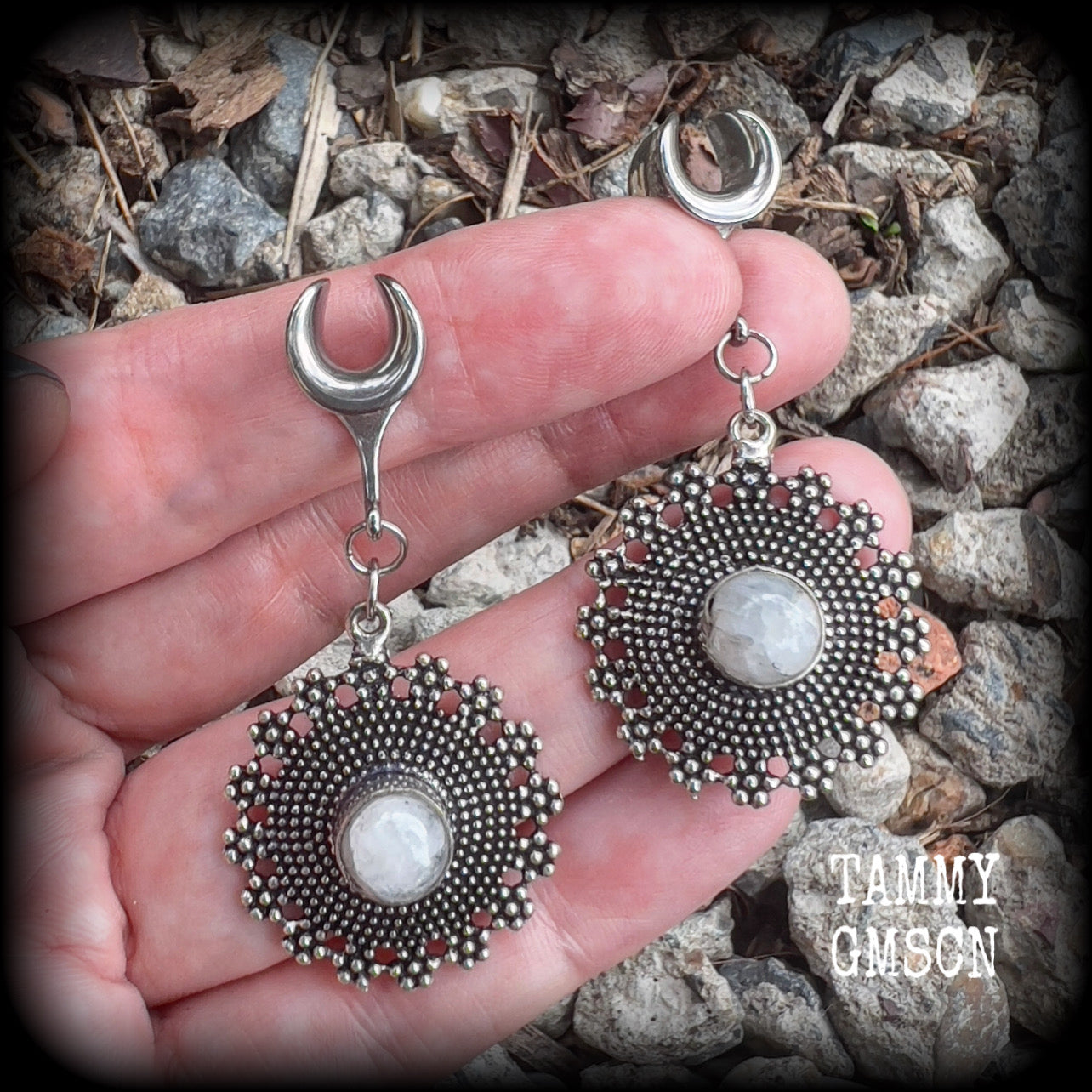 Rainbow moonstone gauged earrings-Gemstone ear hangers