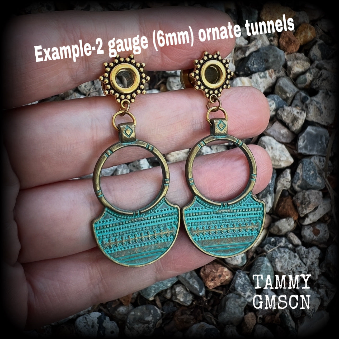 Inspired by Ishtar, Mesopotamian Goddess of love, beauty, sex and war, these beautiful tribal gauged earrings measure just on 6 cms from tip to tip, and weigh approx 8 grams a piece.