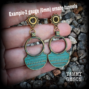 Inspired by Ishtar, Mesopotamian Goddess of love, beauty, sex and war, these beautiful tribal gauged earrings measure just on 6 cms from tip to tip, and weigh approx 8 grams a piece.