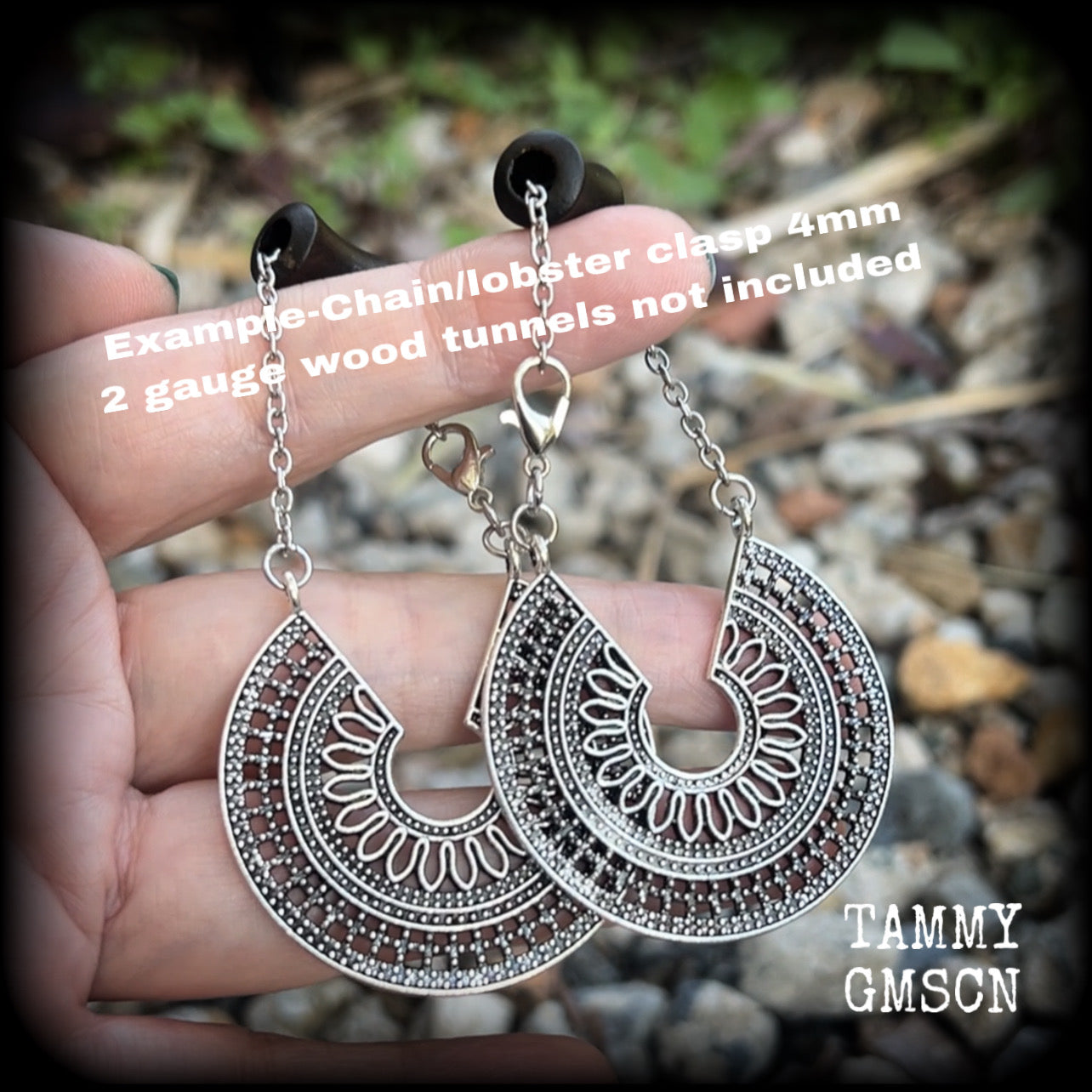 These earrings feature gorgeous big antique silver mandalas dangling from antique silver chain, measuring just over 8cms from tip to tip, and weighing 8 grams each.

This pair has been made on our chain and lobster clasp 4mm option, suitable to be worn through tunnels and earlets from 6 gauge (4mm).