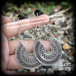 These earrings feature gorgeous big antique silver mandalas dangling from antique silver chain, measuring just over 8cms from tip to tip, and weighing 8 grams each.

This pair has been made on our chain and lobster clasp 4mm option, suitable to be worn through tunnels and earlets from 6 gauge (4mm).