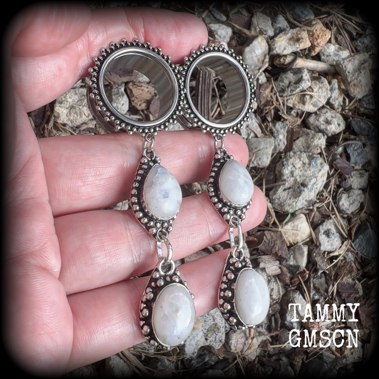 Rainbow moonstone tunnel earrings-Boho gauges