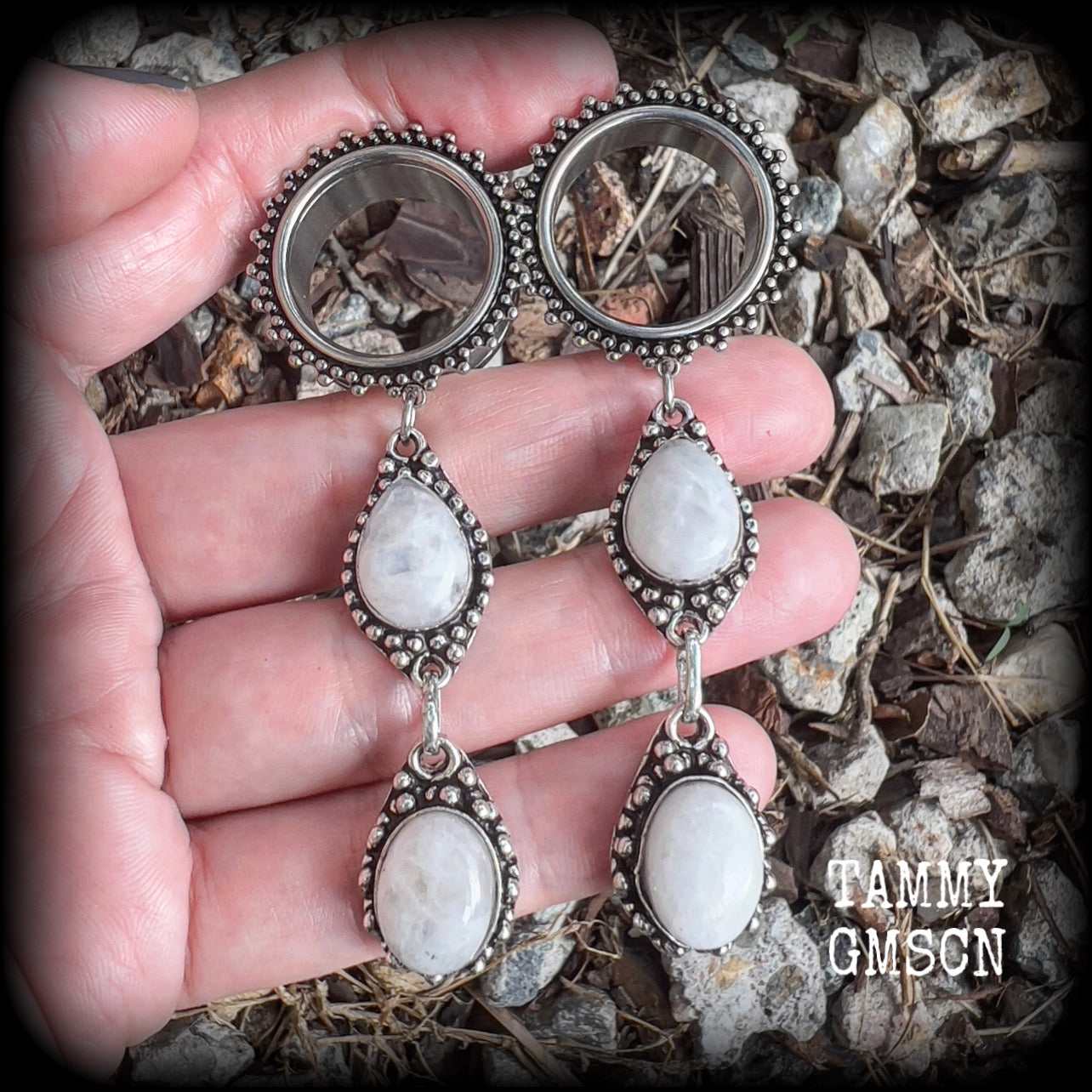 Rainbow moonstone tunnel earrings-Boho gauges