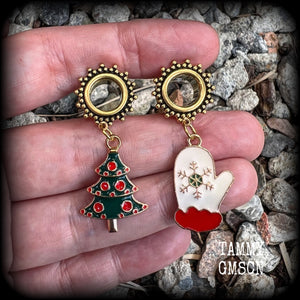 Festive tunnel earrings Christmas tunnel dangles Christmas earrings Winter solstice earrings Stretched ears Stretched lobes Body jewelry Ear gauges Gauged earrings Gauged ears Christmas gifts 6mm 8mm 10mm 12mm 14mm 16mm 19mm 22mm 25mm 28mm 30mm