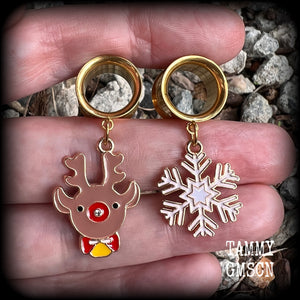 Christmas tunnel earrings Christmas ear gauges Winter solstice Yuletide Christmas tunnel dangles Reindeer earrings Snowflake tunnel earrings Stretched ears Gauged ears Stretched lobes Body jewelry Gauges 6mm 8mm 10mm 14mm 16mm 19mm 22mm 25mm 28mm 30m