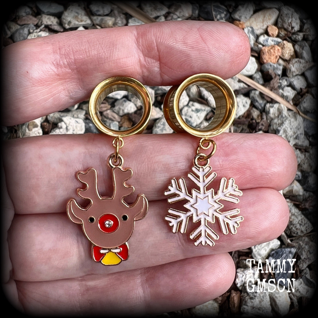 Christmas tunnel earrings Christmas ear gauges Winter solstice Yuletide Christmas tunnel dangles Reindeer earrings Snowflake tunnel earrings Stretched ears Gauged ears Stretched lobes Body jewelry Gauges 6mm 8mm 10mm 14mm 16mm 19mm 22mm 25mm 28mm 30m