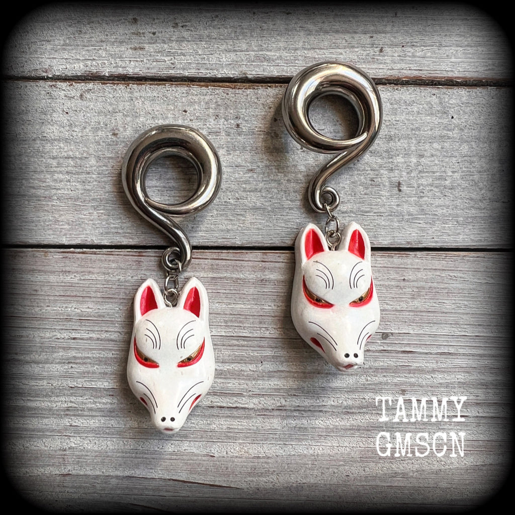 Kitsune fox gauged earrings-Japanese fox earrings