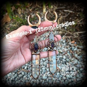 Clear quartz dagger and amethyst gauged earrings-Gemstone ear weights