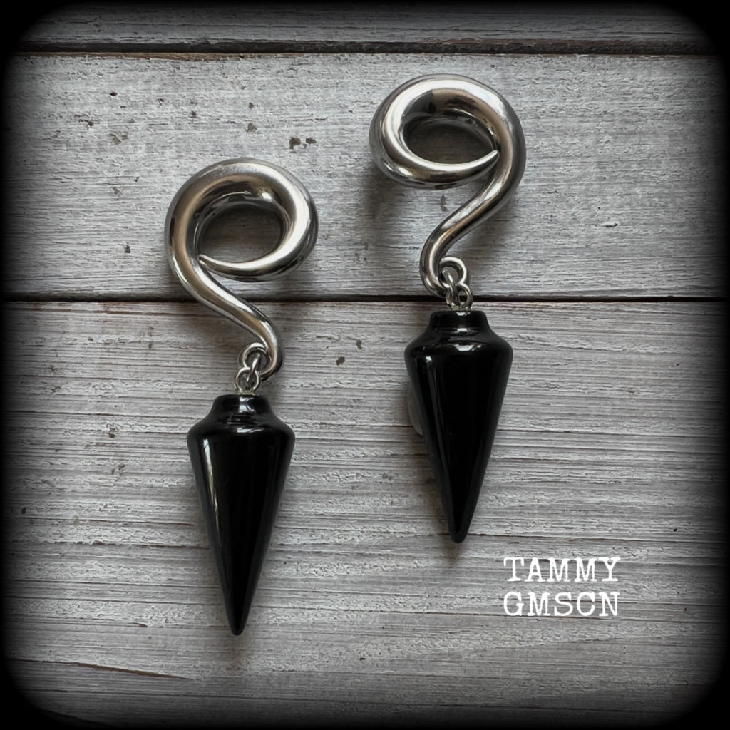 Black obsidian gauged earrings-Gemstone ear weights
