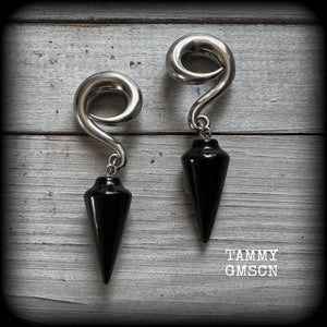 Black obsidian gauged earrings-Gemstone ear weights