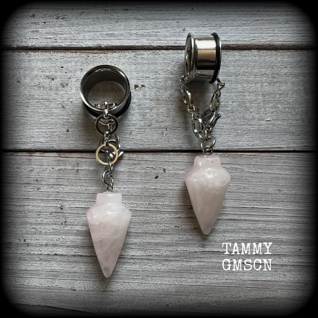 Rose quartz pendulum gemstone tunnel dangles-TUNNELS INCLUDED
