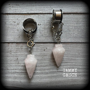 Rose quartz pendulum gemstone tunnel dangles-TUNNELS INCLUDED