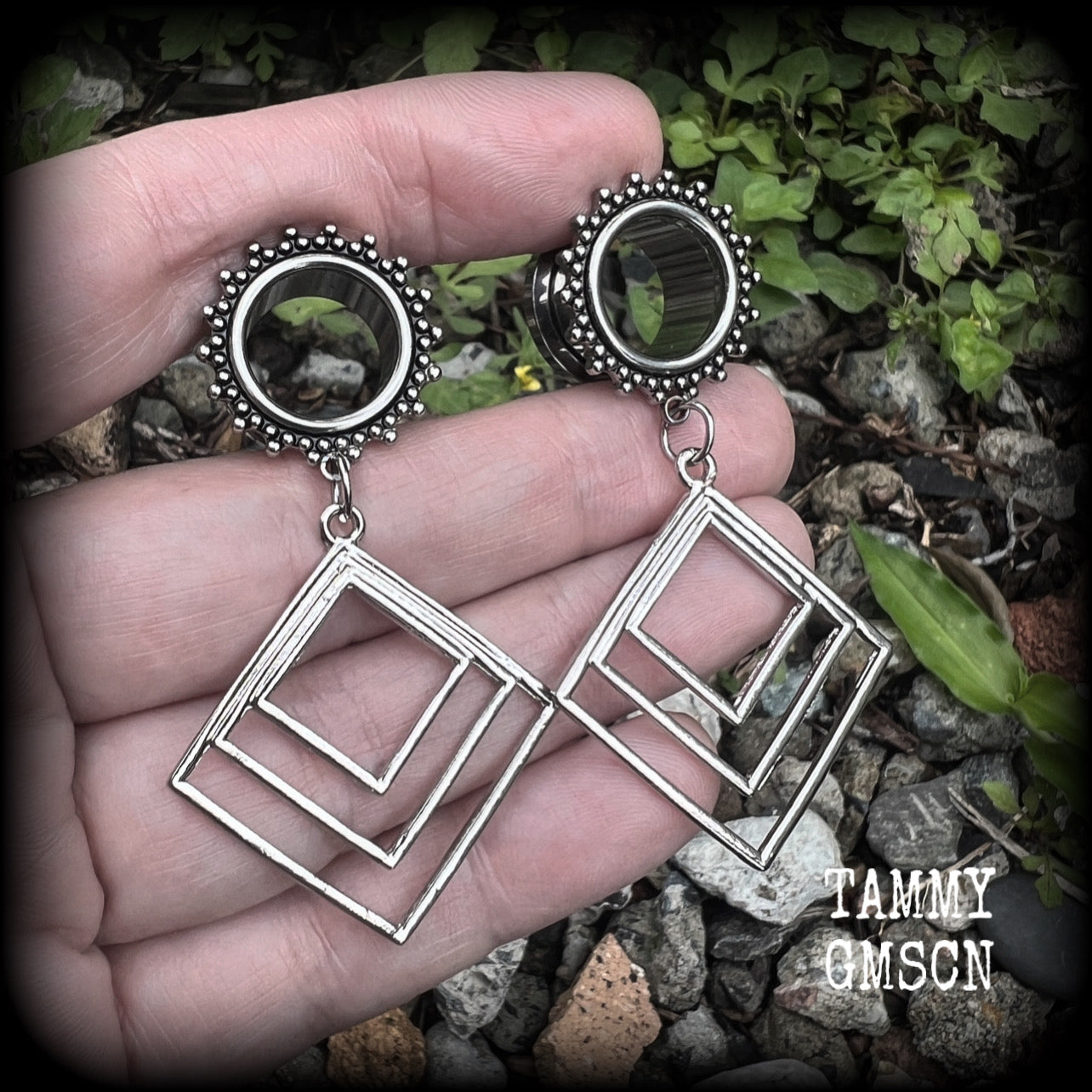 Geometric tunnel earrings-Diamond tunnel dangles