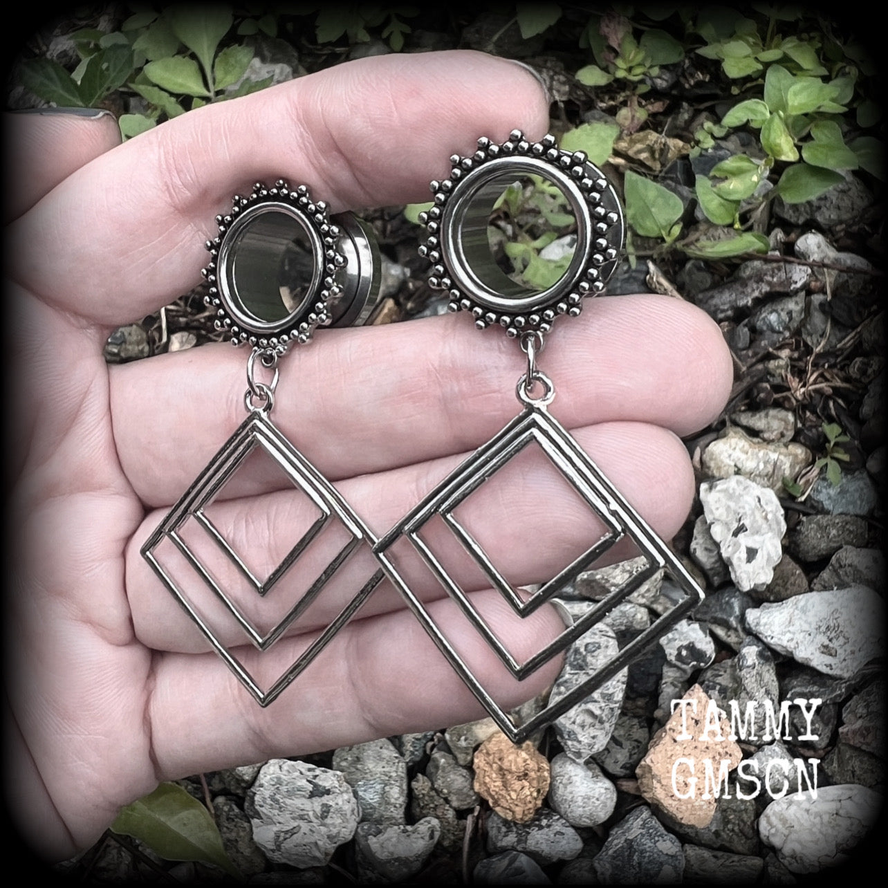 Geometric tunnel earrings-Boho tunnel dangles