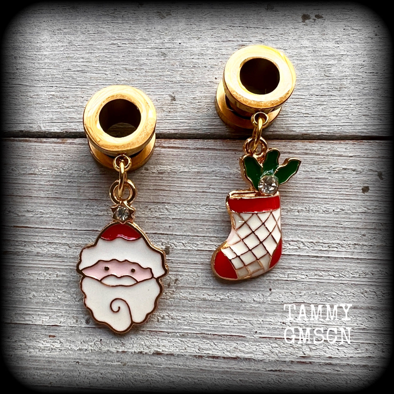 Christmas earrings Festive 00 gauge tunnel earrings Santa Claus 8mm tunnels Christmas stockings Christmas decorations Sanra stockings Stretched lobes Body jewelry Ear gauges Gauged earrings Gauged ears 6mm 10mm 12mm 14mm 16mm 19mm 22mm 25mm 28mm 30mm