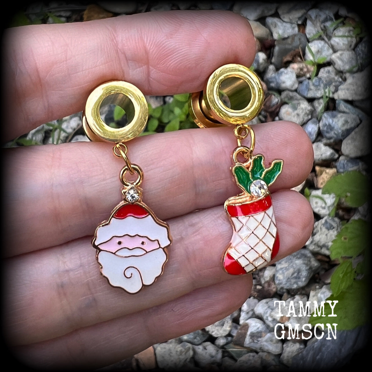 Christmas earrings Festive 00 gauge tunnel earrings Santa Claus 8mm tunnels Christmas stockings Christmas decorations Sanra stockings Stretched lobes Body jewelry Ear gauges Gauged earrings Gauged ears 6mm 10mm 12mm 14mm 16mm 19mm 22mm 25mm 28mm 30mm