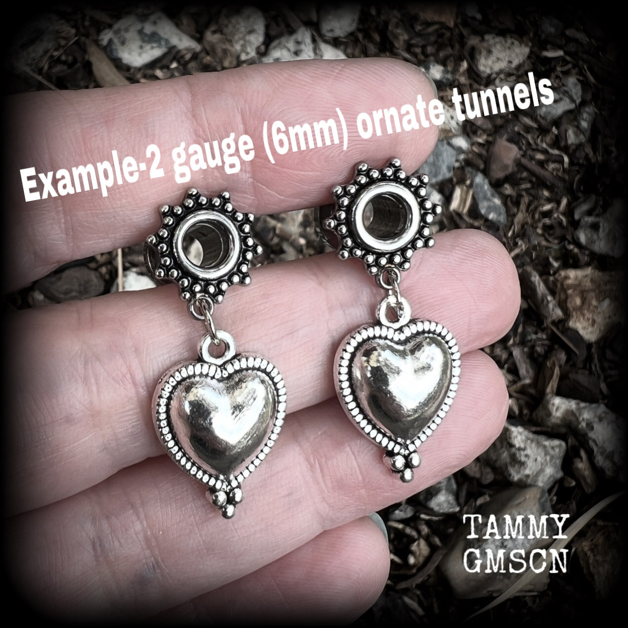 Silver heart tunnel earrings-Folk art heart ear gauges