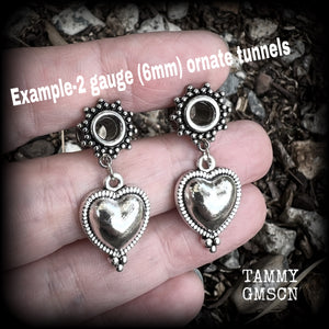 Silver heart tunnel earrings-Folk art heart ear gauges